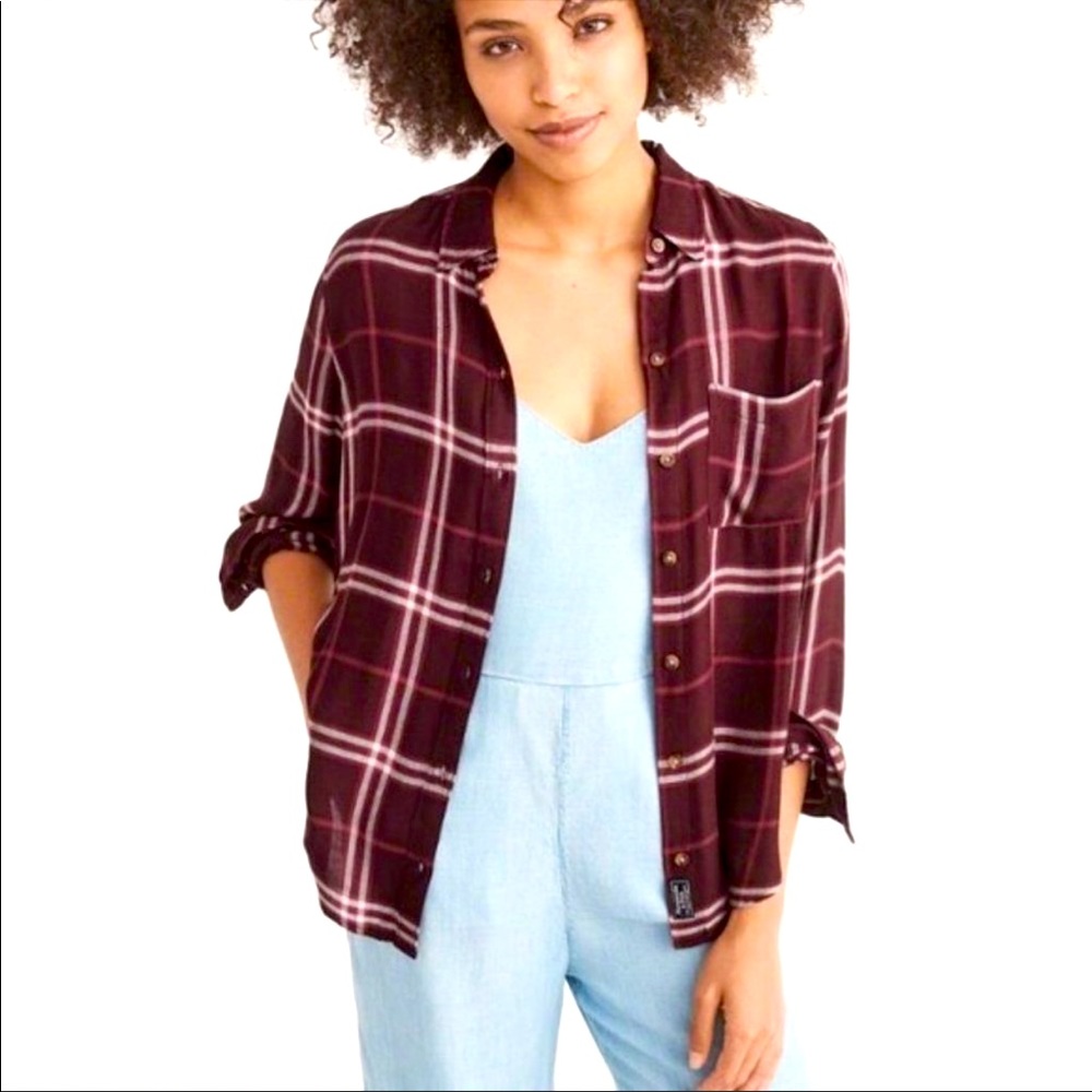 Abercrombie and Fitch Drapey Plaid Shirt Burgundy